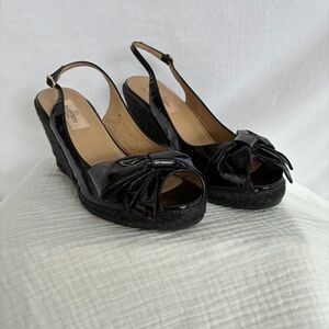 Valentino Garavani Mena Espadrille Wedge Slimgback Sandal Black Patent Bow Sz 38